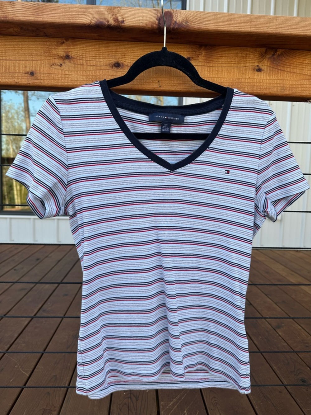 Tommy Hilfiger White V-Neck Tee with Navy and Red Stripes